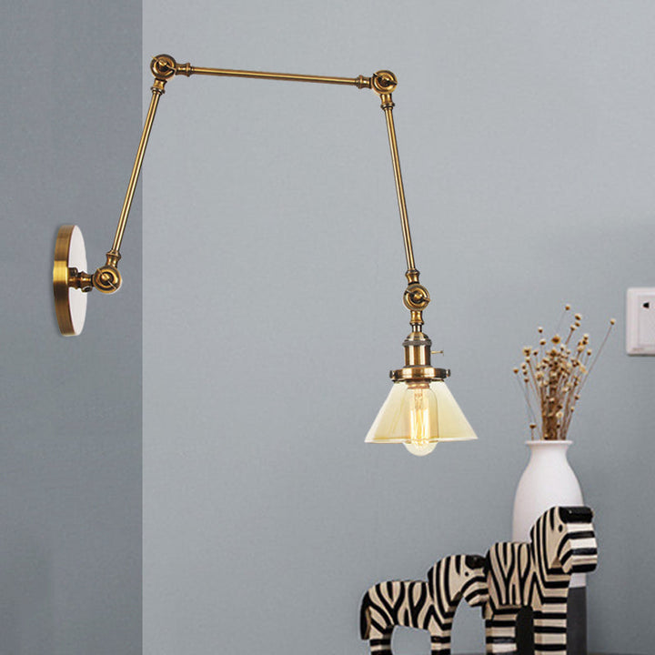 BowLift | 1 Light Wall Lamp Industrial Cone Clear/Amber Glass Wall Lamp in Black/Bronze/Brass with Adjustable Arm, 8“+8"/8"+8"+8" Long