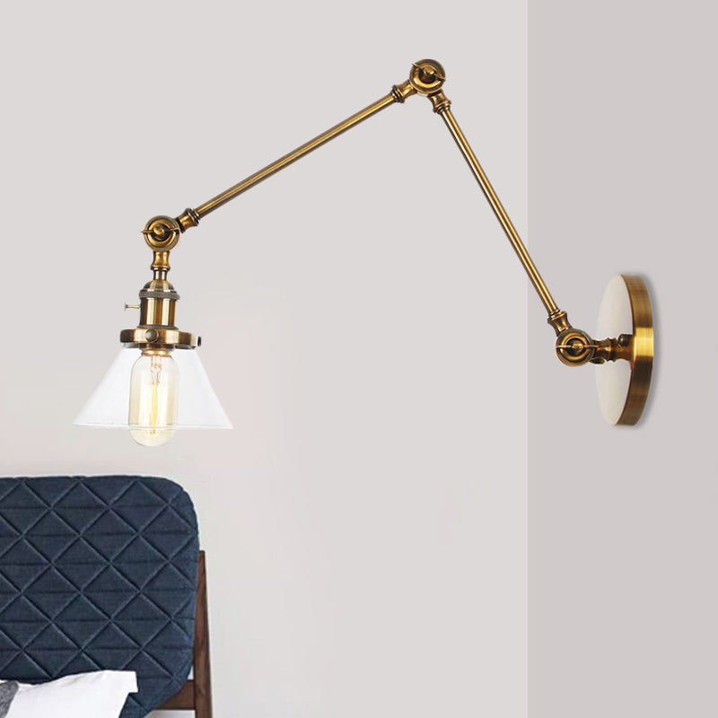 BowLift | 1 Light Wall Lamp Industrial Cone Clear/Amber Glass Wall Lamp in Black/Bronze/Brass with Adjustable Arm, 8“+8"/8"+8"+8" Long