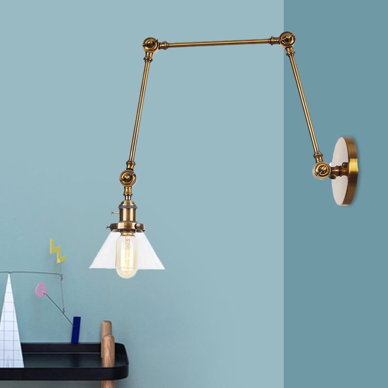 BowLift | 1 Light Wall Lamp Industrial Cone Clear/Amber Glass Wall Lamp in Black/Bronze/Brass with Adjustable Arm, 8“+8"/8"+8"+8" Long