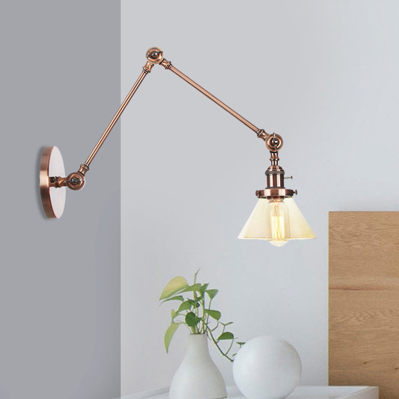 BowLift | 1 Light Wall Lamp Industrial Cone Clear/Amber Glass Wall Lamp in Black/Bronze/Brass with Adjustable Arm, 8“+8"/8"+8"+8" Long
