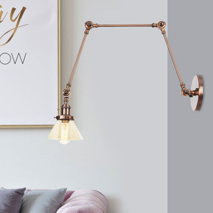 BowLift | 1 Light Wall Lamp Industrial Cone Clear/Amber Glass Wall Lamp in Black/Bronze/Brass with Adjustable Arm, 8“+8"/8"+8"+8" Long