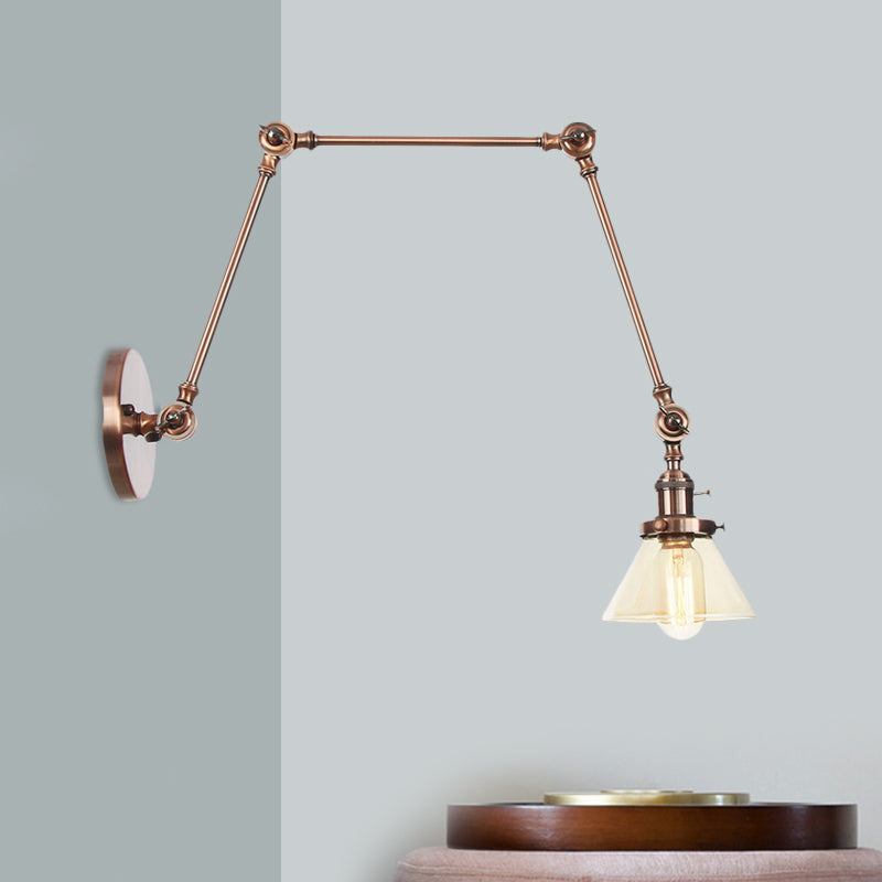 BowLift | 1 Light Wall Lamp Industrial Cone Clear/Amber Glass Wall Lamp in Black/Bronze/Brass with Adjustable Arm, 8“+8"/8"+8"+8" Long