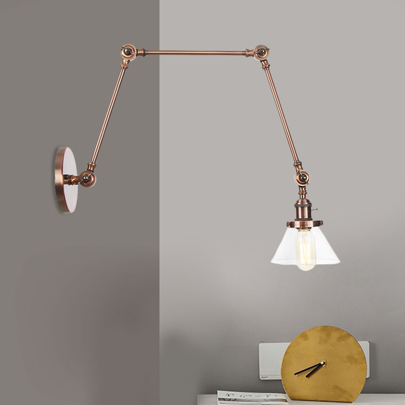 BowLift | 1 Light Wall Lamp Industrial Cone Clear/Amber Glass Wall Lamp in Black/Bronze/Brass with Adjustable Arm, 8“+8"/8"+8"+8" Long