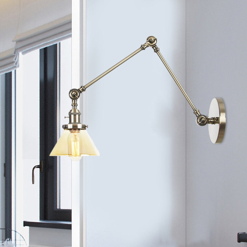 BowLift | 1 Light Wall Lamp Industrial Cone Clear/Amber Glass Wall Lamp in Black/Bronze/Brass with Adjustable Arm, 8“+8"/8"+8"+8" Long