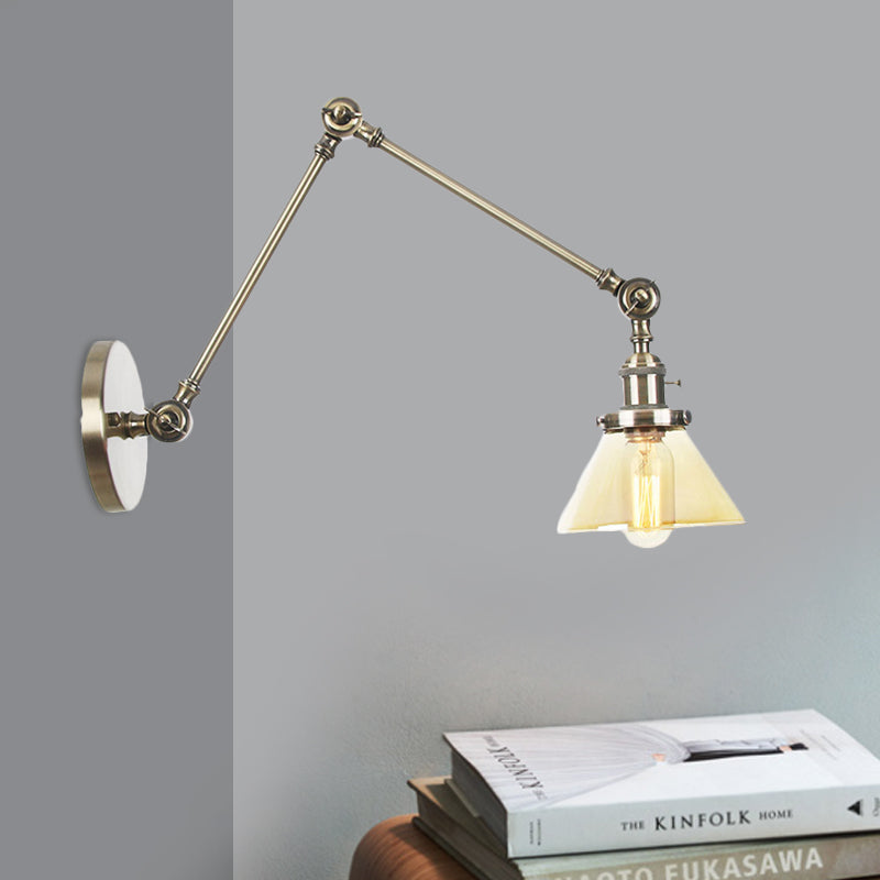 BowLift | 1 Light Wall Lamp Industrial Cone Clear/Amber Glass Wall Lamp in Black/Bronze/Brass with Adjustable Arm, 8“+8"/8"+8"+8" Long