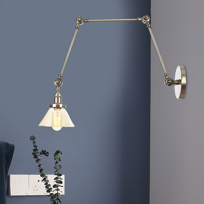 BowLift | 1 Light Wall Lamp Industrial Cone Clear/Amber Glass Wall Lamp in Black/Bronze/Brass with Adjustable Arm, 8“+8"/8"+8"+8" Long