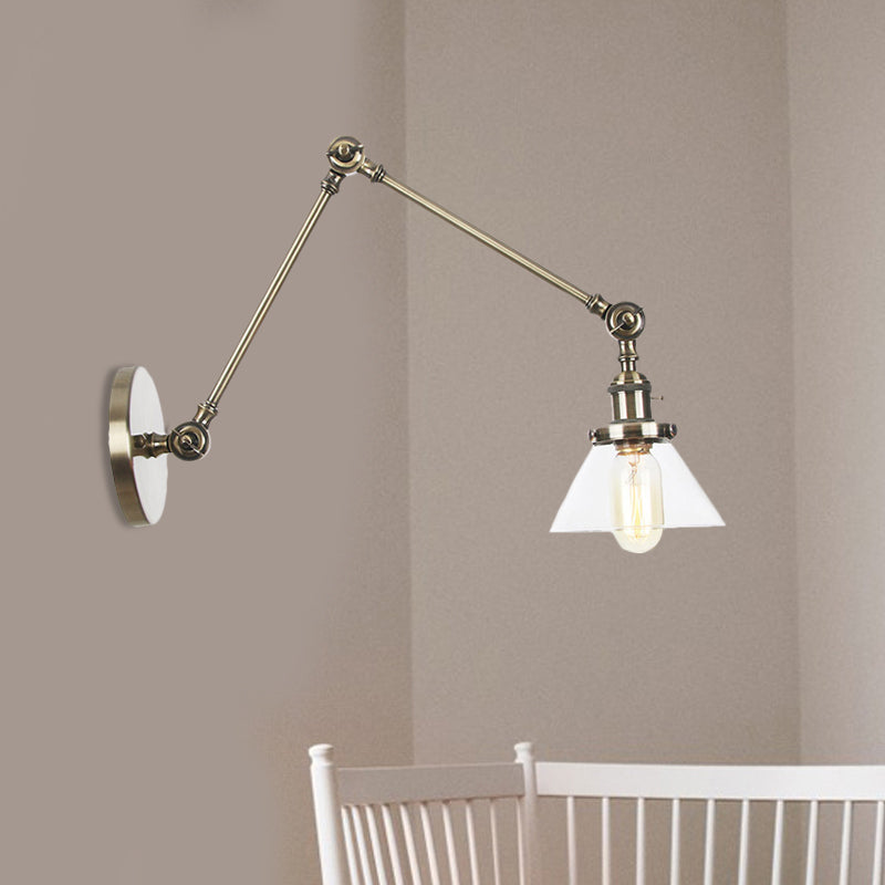 BowLift | 1 Light Wall Lamp Industrial Cone Clear/Amber Glass Wall Lamp in Black/Bronze/Brass with Adjustable Arm, 8“+8"/8"+8"+8" Long