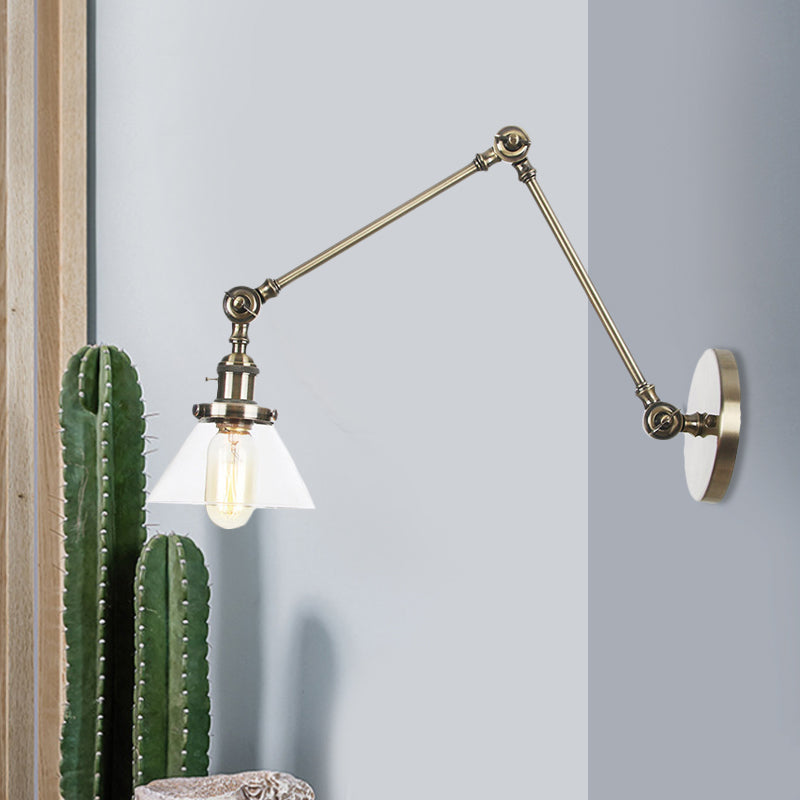 BowLift | 1 Light Wall Lamp Industrial Cone Clear/Amber Glass Wall Lamp in Black/Bronze/Brass with Adjustable Arm, 8“+8"/8"+8"+8" Long