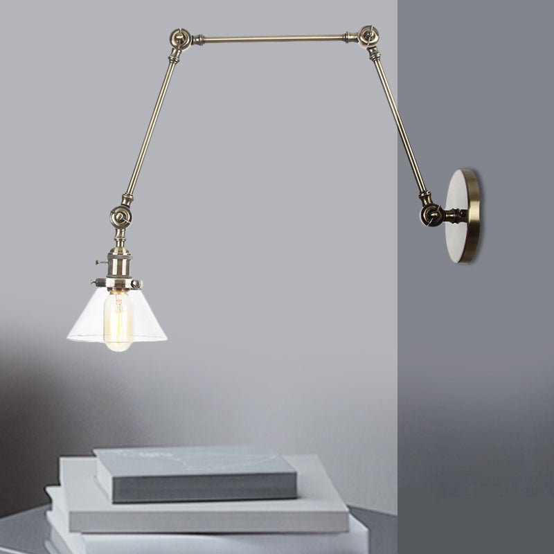 BowLift | 1 Light Wall Lamp Industrial Cone Clear/Amber Glass Wall Lamp in Black/Bronze/Brass with Adjustable Arm, 8“+8"/8"+8"+8" Long