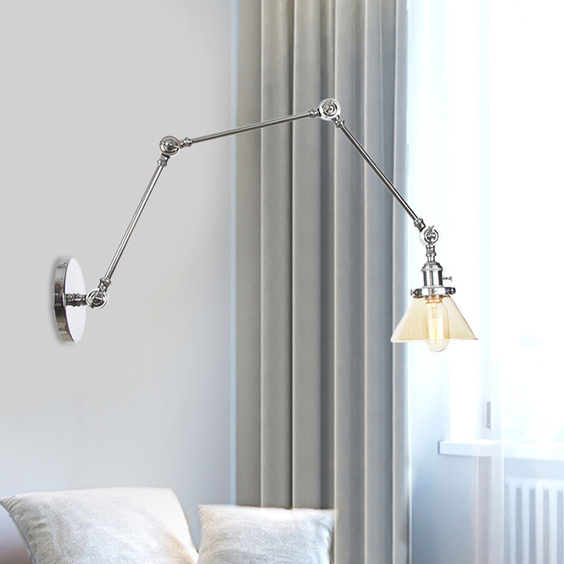 BowLift | 1 Light Wall Lamp Industrial Cone Clear/Amber Glass Wall Lamp in Black/Bronze/Brass with Adjustable Arm, 8“+8"/8"+8"+8" Long