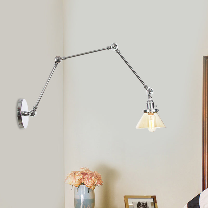 BowLift | 1 Light Wall Lamp Industrial Cone Clear/Amber Glass Wall Lamp in Black/Bronze/Brass with Adjustable Arm, 8“+8"/8"+8"+8" Long