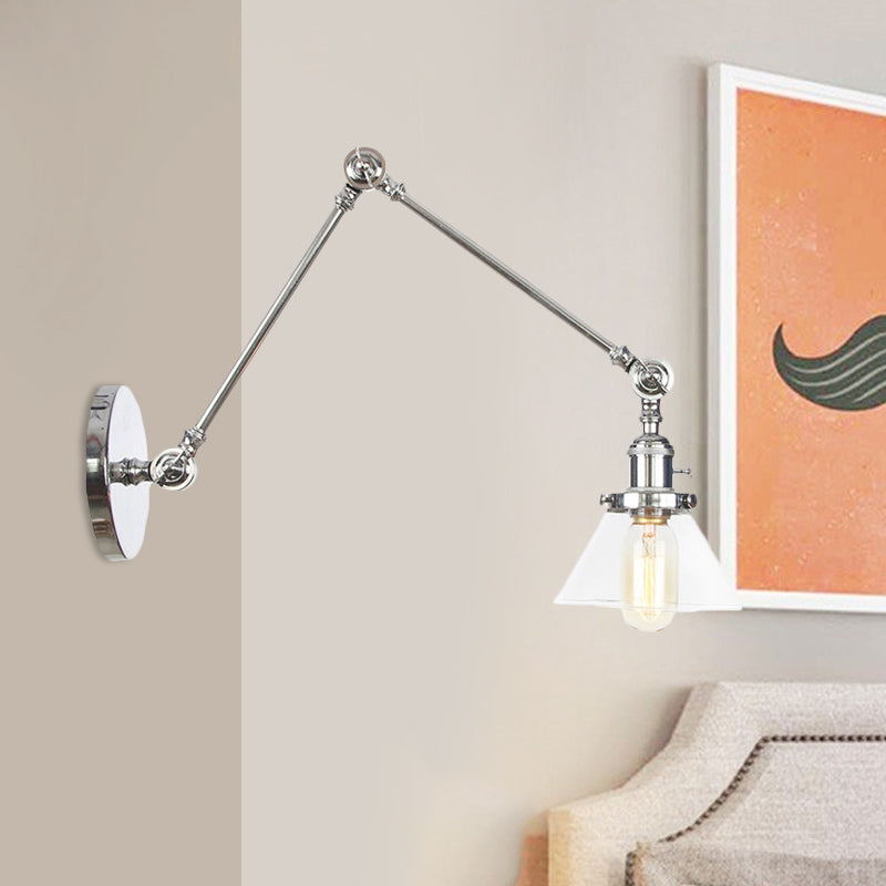 BowLift | 1 Light Wall Lamp Industrial Cone Clear/Amber Glass Wall Lamp in Black/Bronze/Brass with Adjustable Arm, 8“+8"/8"+8"+8" Long