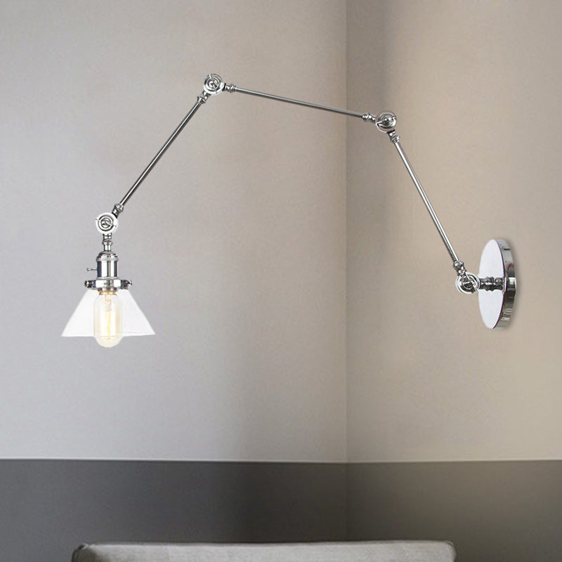 BowLift | 1 Light Wall Lamp Industrial Cone Clear/Amber Glass Wall Lamp in Black/Bronze/Brass with Adjustable Arm, 8“+8"/8"+8"+8" Long