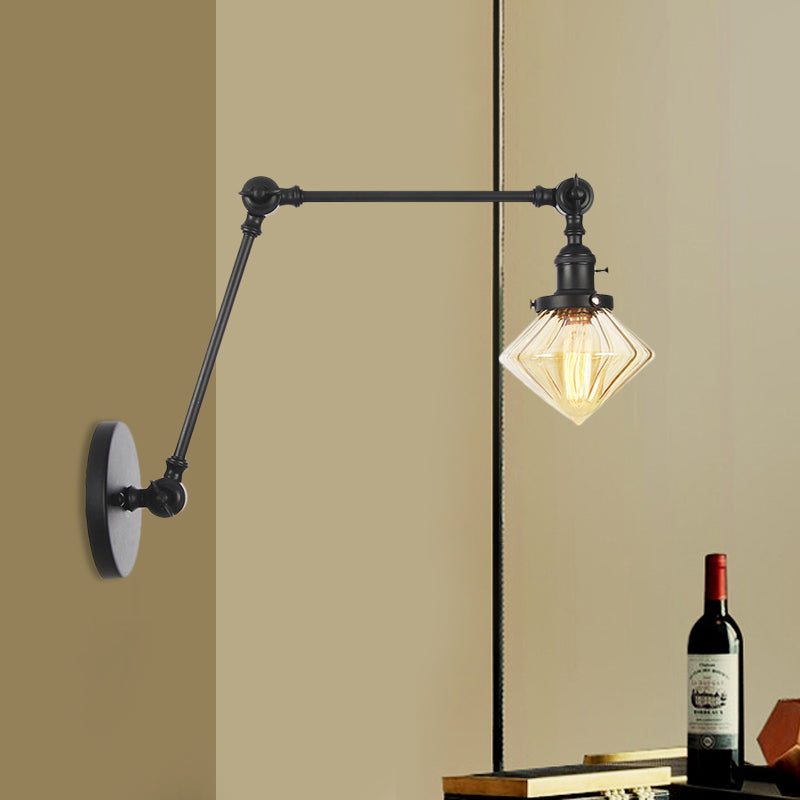 BowLift | 1 Light Dining Room Wall Lamp Vintage Black/Bronze/Brass Wall Mounted Lamp with Diamond Clear/Amber Glass Shade, 8"+8"/8"+8"+8" L Adjustable Arm