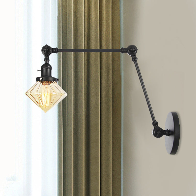 BowLift | 1 Light Dining Room Wall Lamp Vintage Black/Bronze/Brass Wall Mounted Lamp with Diamond Clear/Amber Glass Shade, 8"+8"/8"+8"+8" L Adjustable Arm