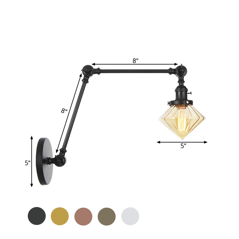 BowLift | 1 Light Dining Room Wall Lamp Vintage Black/Bronze/Brass Wall Mounted Lamp with Diamond Clear/Amber Glass Shade, 8"+8"/8"+8"+8" L Adjustable Arm