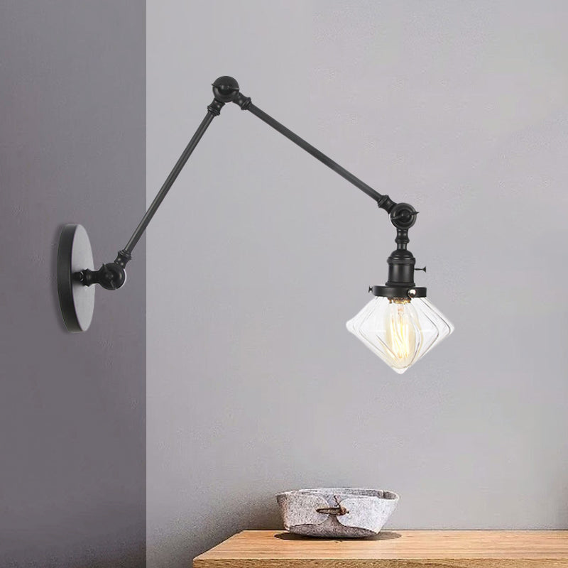 BowLift | 1 Light Dining Room Wall Lamp Vintage Black/Bronze/Brass Wall Mounted Lamp with Diamond Clear/Amber Glass Shade, 8"+8"/8"+8"+8" L Adjustable Arm