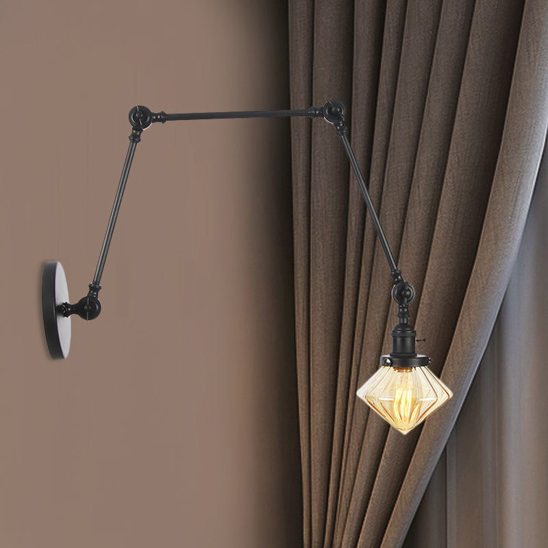 BowLift | 1 Light Dining Room Wall Lamp Vintage Black/Bronze/Brass Wall Mounted Lamp with Diamond Clear/Amber Glass Shade, 8"+8"/8"+8"+8" L Adjustable Arm