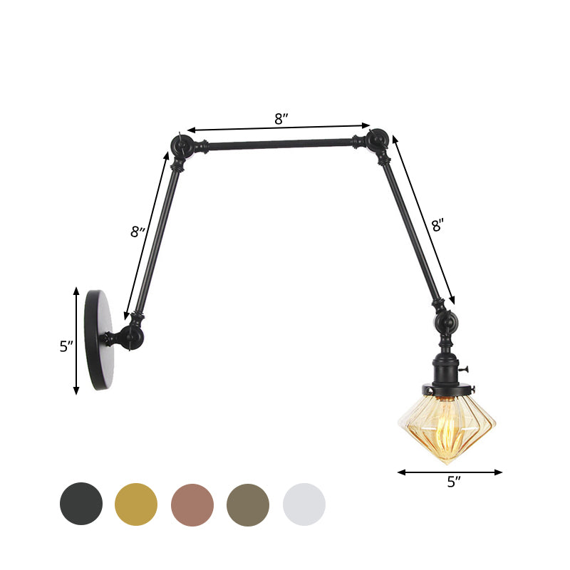 BowLift | 1 Light Dining Room Wall Lamp Vintage Black/Bronze/Brass Wall Mounted Lamp with Diamond Clear/Amber Glass Shade, 8"+8"/8"+8"+8" L Adjustable Arm