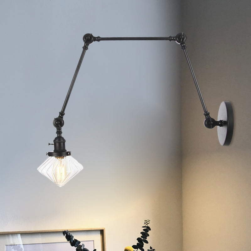 BowLift | 1 Light Dining Room Wall Lamp Vintage Black/Bronze/Brass Wall Mounted Lamp with Diamond Clear/Amber Glass Shade, 8"+8"/8"+8"+8" L Adjustable Arm