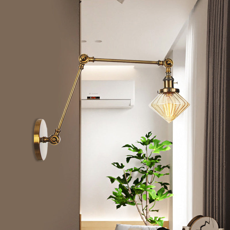 BowLift | 1 Light Dining Room Wall Lamp Vintage Black/Bronze/Brass Wall Mounted Lamp with Diamond Clear/Amber Glass Shade, 8"+8"/8"+8"+8" L Adjustable Arm