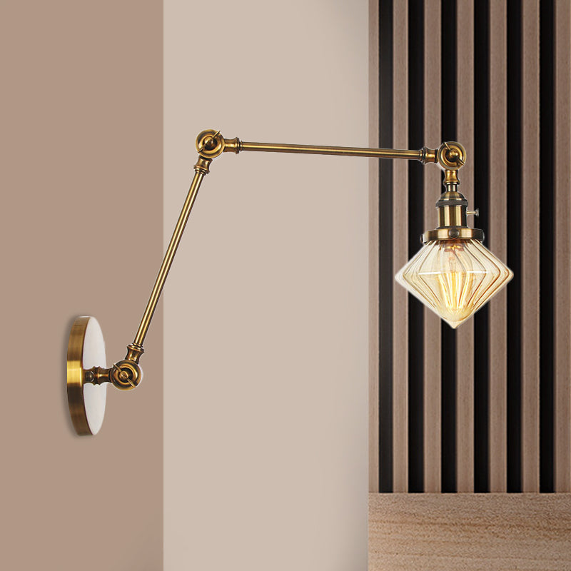 BowLift | 1 Light Dining Room Wall Lamp Vintage Black/Bronze/Brass Wall Mounted Lamp with Diamond Clear/Amber Glass Shade, 8"+8"/8"+8"+8" L Adjustable Arm