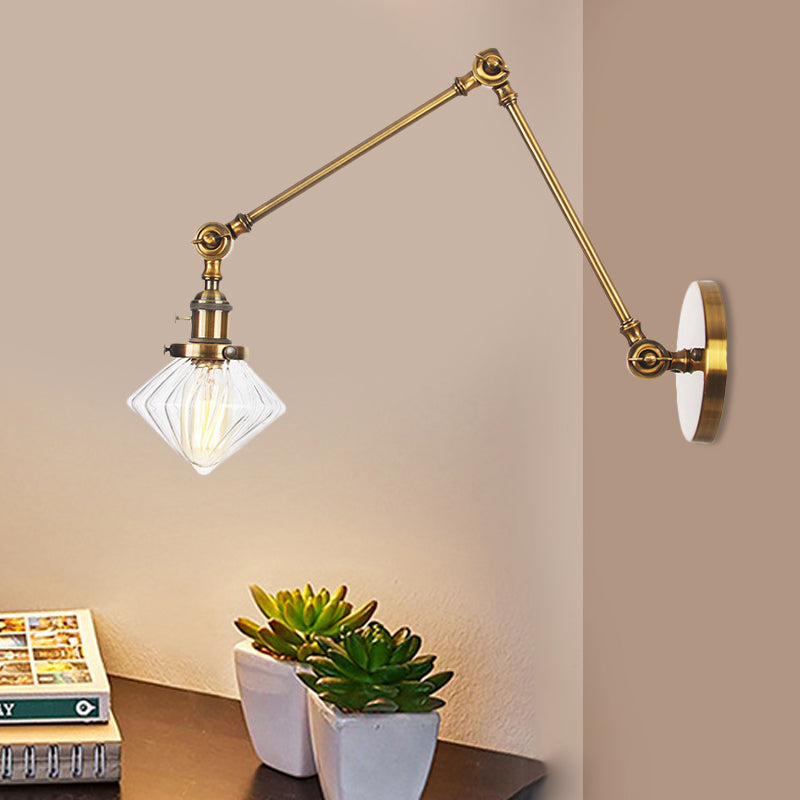 BowLift | 1 Light Dining Room Wall Lamp Vintage Black/Bronze/Brass Wall Mounted Lamp with Diamond Clear/Amber Glass Shade, 8"+8"/8"+8"+8" L Adjustable Arm