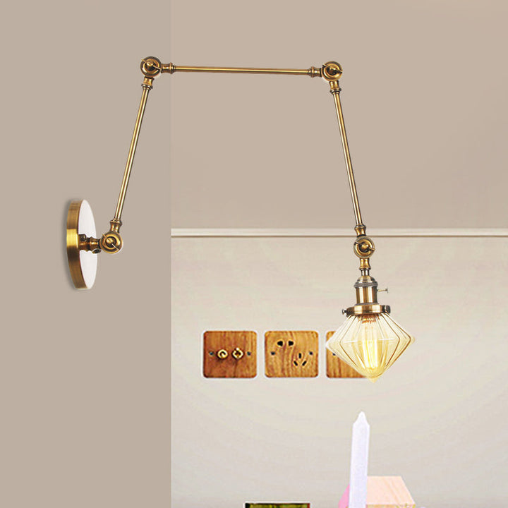 BowLift | 1 Light Dining Room Wall Lamp Vintage Black/Bronze/Brass Wall Mounted Lamp with Diamond Clear/Amber Glass Shade, 8"+8"/8"+8"+8" L Adjustable Arm