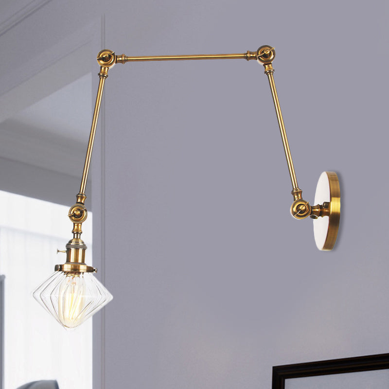 BowLift | 1 Light Dining Room Wall Lamp Vintage Black/Bronze/Brass Wall Mounted Lamp with Diamond Clear/Amber Glass Shade, 8"+8"/8"+8"+8" L Adjustable Arm