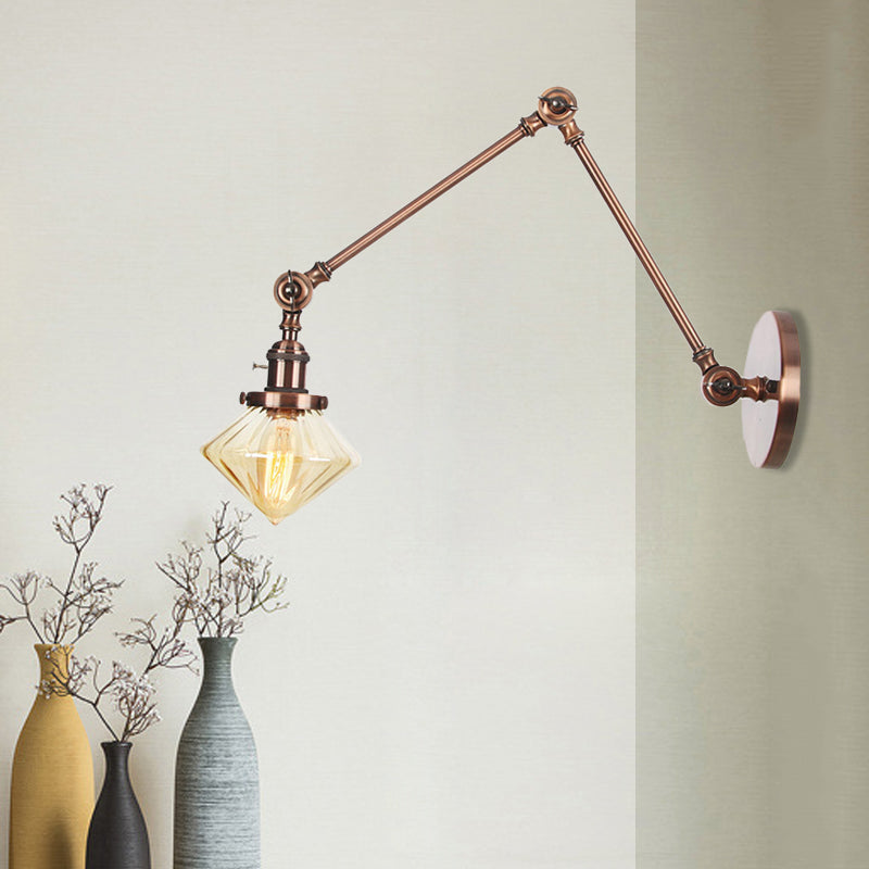 BowLift | 1 Light Dining Room Wall Lamp Vintage Black/Bronze/Brass Wall Mounted Lamp with Diamond Clear/Amber Glass Shade, 8"+8"/8"+8"+8" L Adjustable Arm