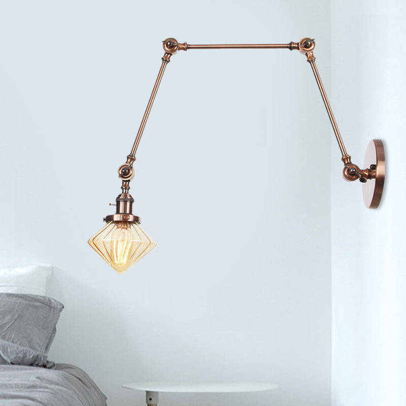 BowLift | 1 Light Dining Room Wall Lamp Vintage Black/Bronze/Brass Wall Mounted Lamp with Diamond Clear/Amber Glass Shade, 8"+8"/8"+8"+8" L Adjustable Arm