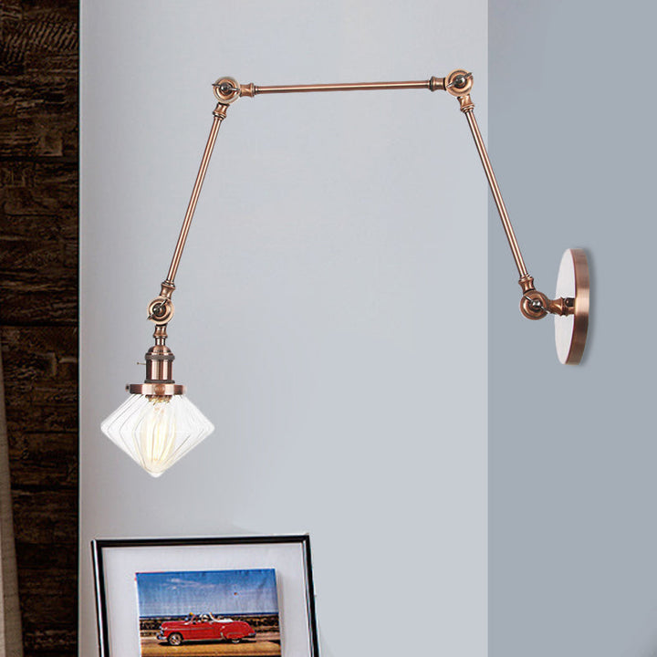 BowLift | 1 Light Dining Room Wall Lamp Vintage Black/Bronze/Brass Wall Mounted Lamp with Diamond Clear/Amber Glass Shade, 8"+8"/8"+8"+8" L Adjustable Arm