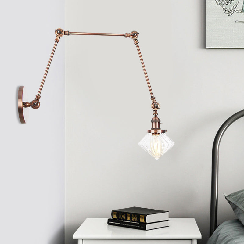 BowLift | 1 Light Dining Room Wall Lamp Vintage Black/Bronze/Brass Wall Mounted Lamp with Diamond Clear/Amber Glass Shade, 8"+8"/8"+8"+8" L Adjustable Arm