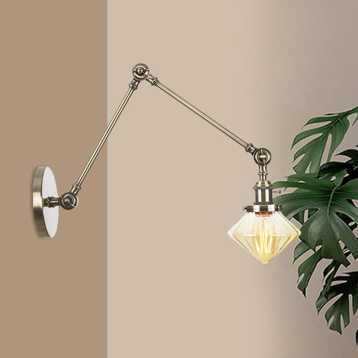 BowLift | 1 Light Dining Room Wall Lamp Vintage Black/Bronze/Brass Wall Mounted Lamp with Diamond Clear/Amber Glass Shade, 8"+8"/8"+8"+8" L Adjustable Arm