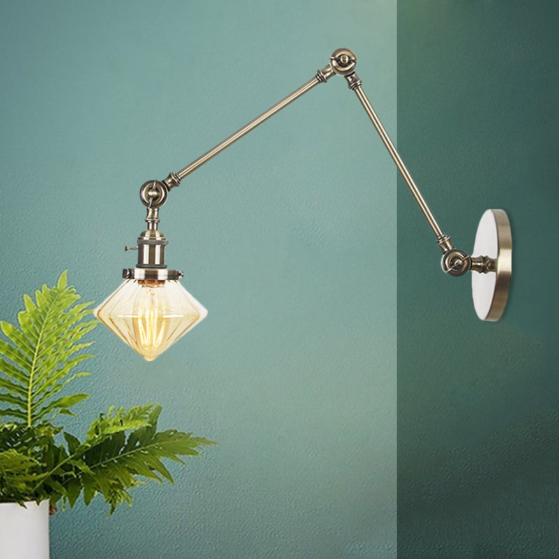 BowLift | 1 Light Dining Room Wall Lamp Vintage Black/Bronze/Brass Wall Mounted Lamp with Diamond Clear/Amber Glass Shade, 8"+8"/8"+8"+8" L Adjustable Arm