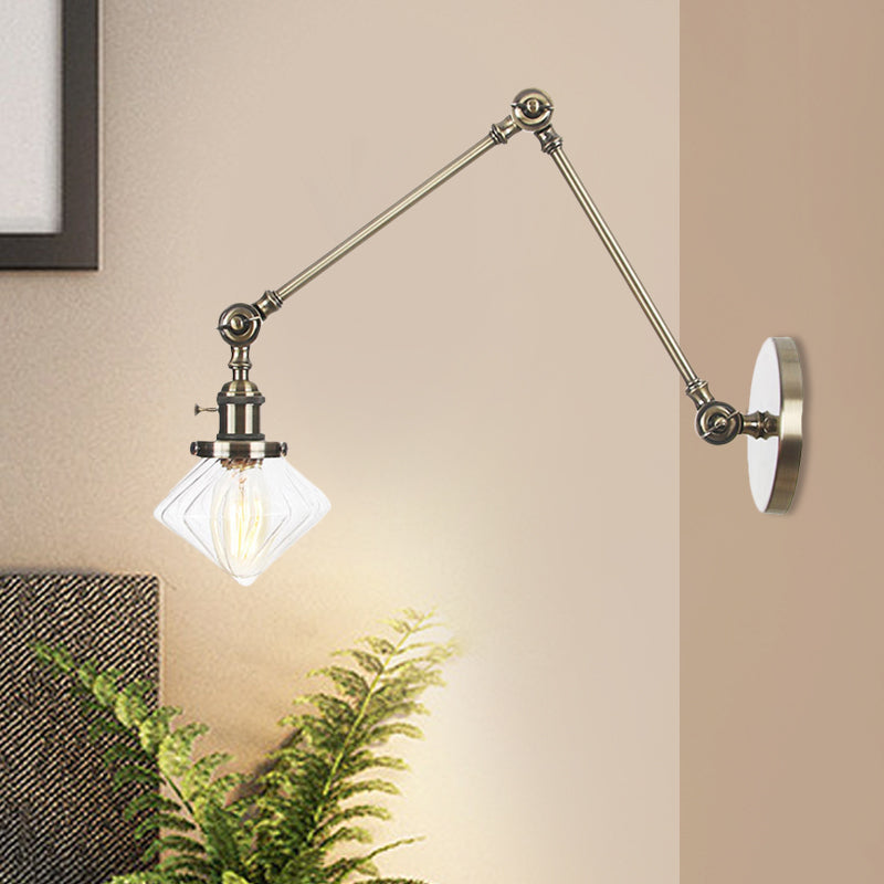 BowLift | 1 Light Dining Room Wall Lamp Vintage Black/Bronze/Brass Wall Mounted Lamp with Diamond Clear/Amber Glass Shade, 8"+8"/8"+8"+8" L Adjustable Arm