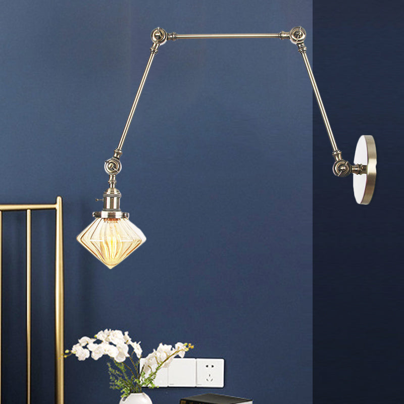 BowLift | 1 Light Dining Room Wall Lamp Vintage Black/Bronze/Brass Wall Mounted Lamp with Diamond Clear/Amber Glass Shade, 8"+8"/8"+8"+8" L Adjustable Arm