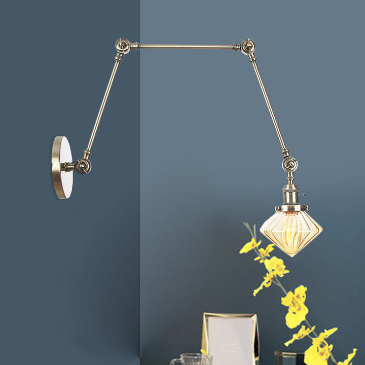 BowLift | 1 Light Dining Room Wall Lamp Vintage Black/Bronze/Brass Wall Mounted Lamp with Diamond Clear/Amber Glass Shade, 8"+8"/8"+8"+8" L Adjustable Arm