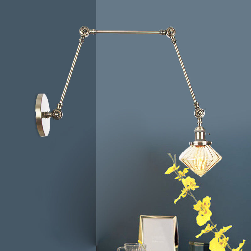 BowLift | 1 Light Dining Room Wall Lamp Vintage Black/Bronze/Brass Wall Mounted Lamp with Diamond Clear/Amber Glass Shade, 8"+8"/8"+8"+8" L Adjustable Arm