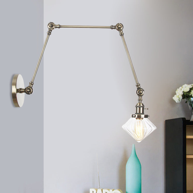 BowLift | 1 Light Dining Room Wall Lamp Vintage Black/Bronze/Brass Wall Mounted Lamp with Diamond Clear/Amber Glass Shade, 8"+8"/8"+8"+8" L Adjustable Arm
