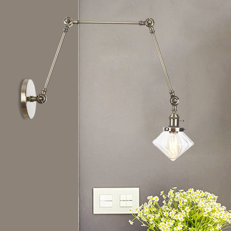 BowLift | 1 Light Dining Room Wall Lamp Vintage Black/Bronze/Brass Wall Mounted Lamp with Diamond Clear/Amber Glass Shade, 8"+8"/8"+8"+8" L Adjustable Arm