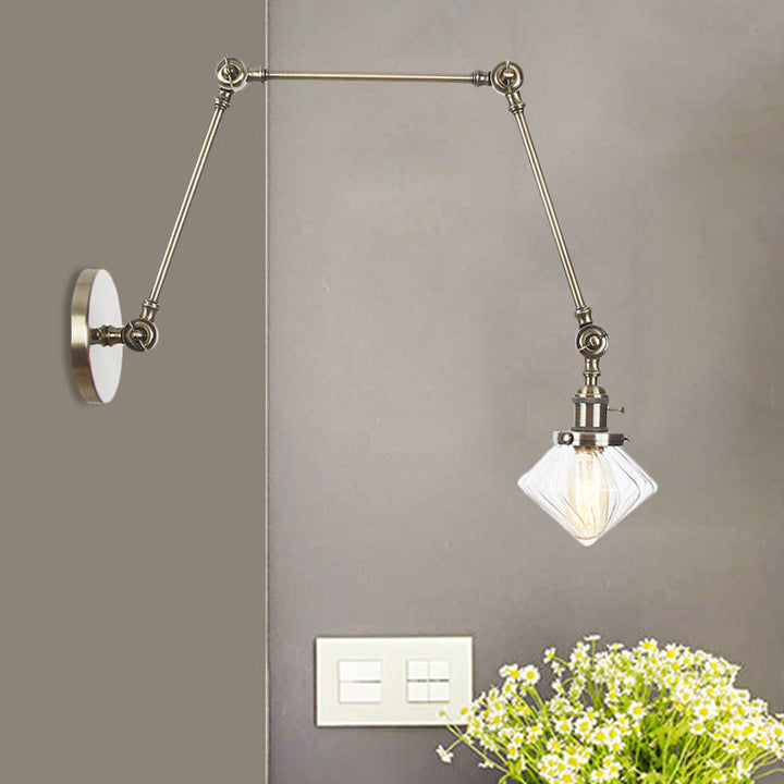 BowLift | 1 Light Dining Room Wall Lamp Vintage Black/Bronze/Brass Wall Mounted Lamp with Diamond Clear/Amber Glass Shade, 8"+8"/8"+8"+8" L Adjustable Arm