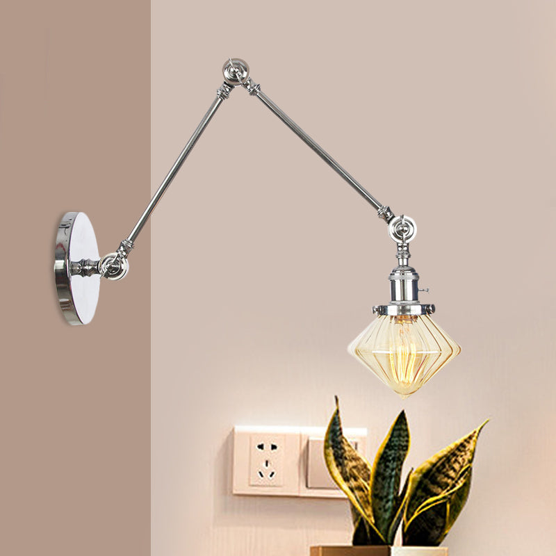 BowLift | 1 Light Dining Room Wall Lamp Vintage Black/Bronze/Brass Wall Mounted Lamp with Diamond Clear/Amber Glass Shade, 8"+8"/8"+8"+8" L Adjustable Arm