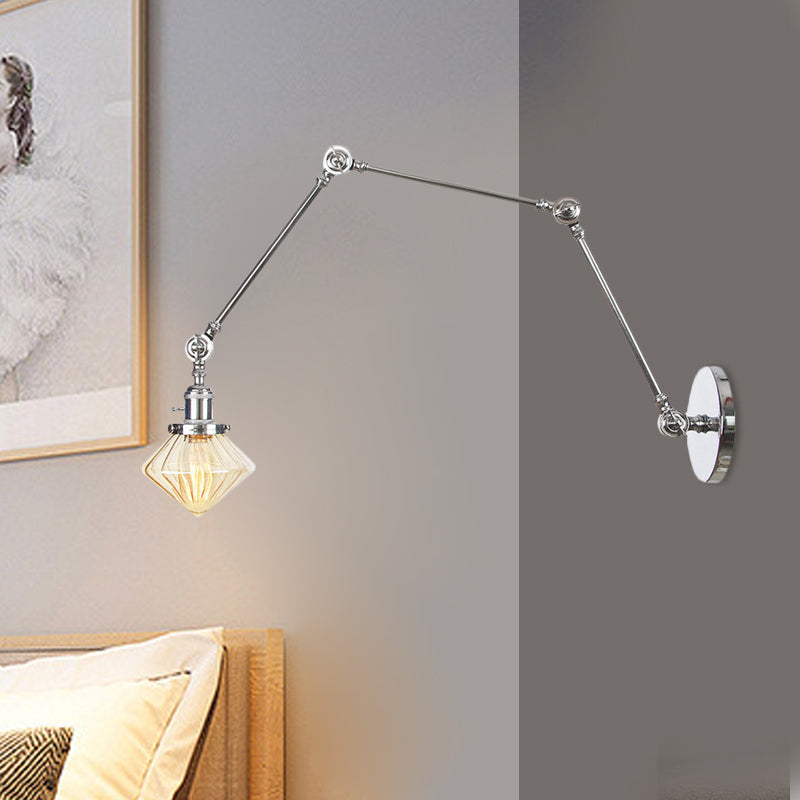 BowLift | 1 Light Dining Room Wall Lamp Vintage Black/Bronze/Brass Wall Mounted Lamp with Diamond Clear/Amber Glass Shade, 8"+8"/8"+8"+8" L Adjustable Arm