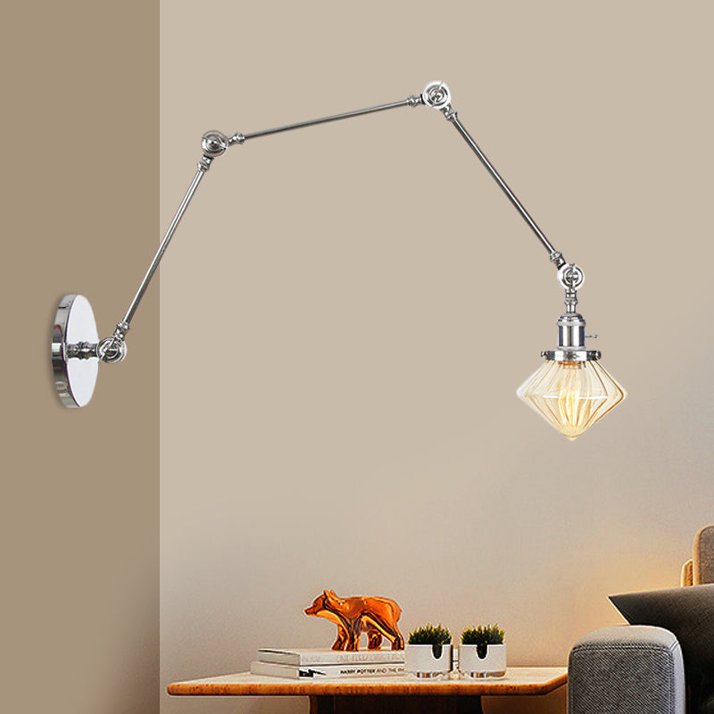 BowLift | 1 Light Dining Room Wall Lamp Vintage Black/Bronze/Brass Wall Mounted Lamp with Diamond Clear/Amber Glass Shade, 8"+8"/8"+8"+8" L Adjustable Arm