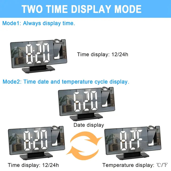 BowLift | 180° Adjustable LED Projection Alarm Clock – Snooze, 12/24H Time & Temperature Display, Mirror Design – USB Powered, Night Mode & Memory Function