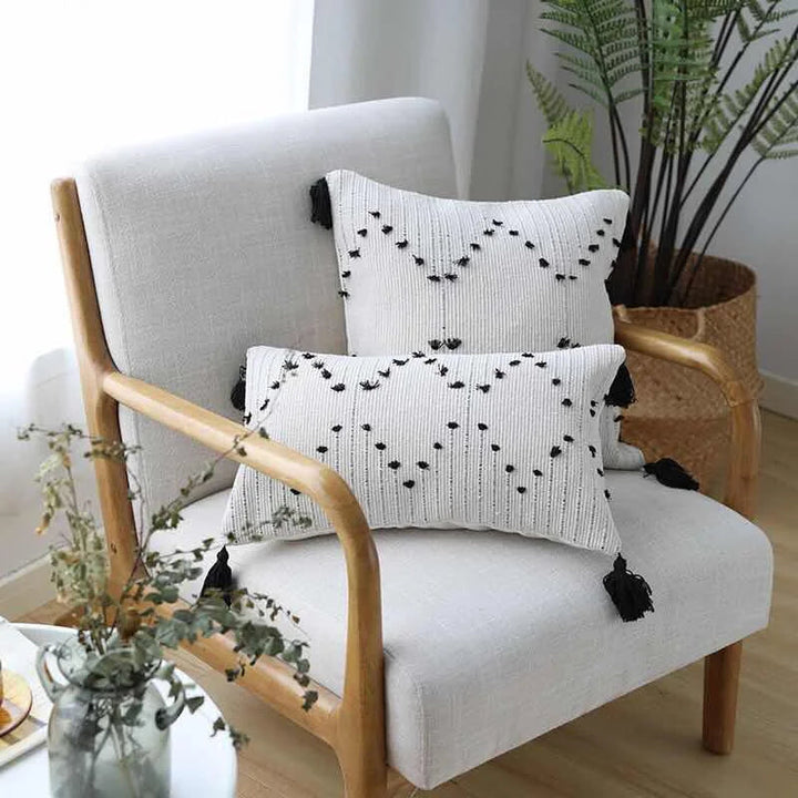 BowLift | White and Black Geometric Cushion Cover with Tassels