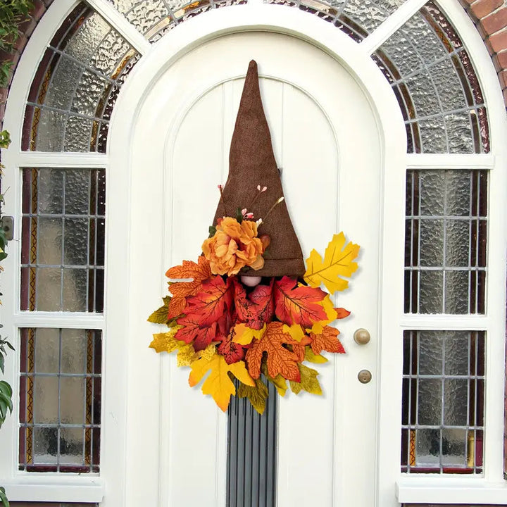BowLift | Halloween Front Door Wreath | Fall Gnome & Maple Leaf Design | 16-Inch Rustic Decor