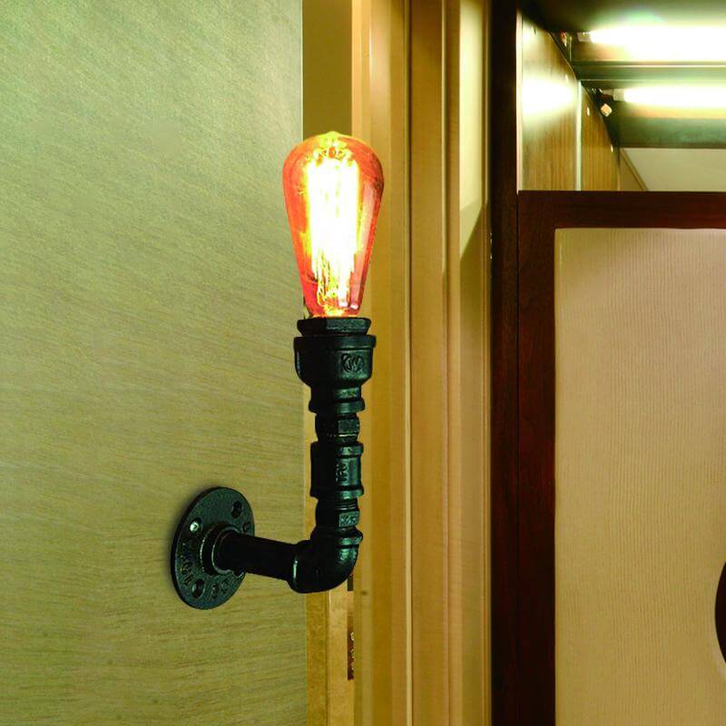 BowLift | 1 Bulb Exposed Bulb Wall Lighting Vintage Black Finish Iron Wall Mount Pipe Lamp for Corner