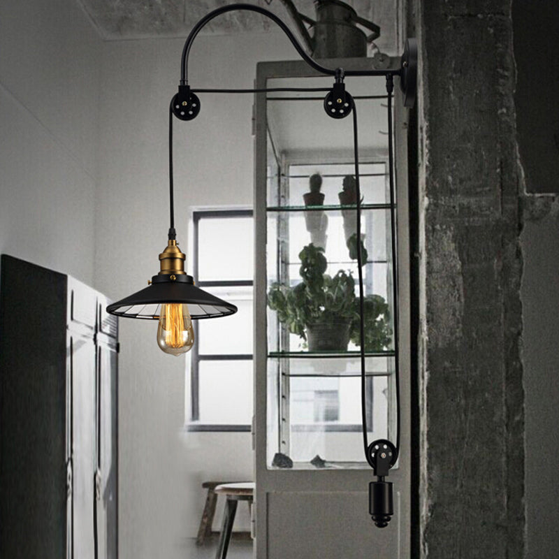 BowLift | 1 Light Flared Pulley Wall Lamp Industrial Black Metallic Sconces Lamp with Gooseneck Arm